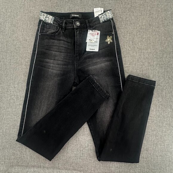 NEW! Desigual Exotic Skinny Jeans‎ 28 waist Black Embellished Cotton blend - Picture 1 of 16
